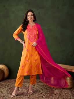 Gahan - Orange Embroidered Kurta with Pant and Chiffon Dupatta