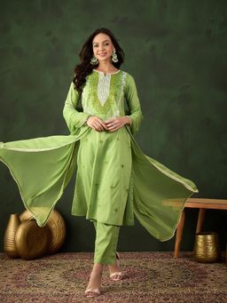 Gahan - Olive Embroidered Kurta with Pant and Chiffon Dupatta