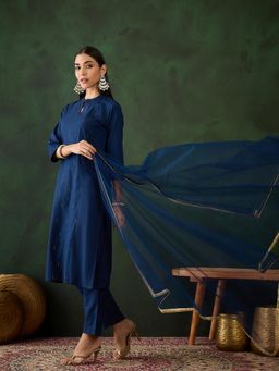 Gahan - Navy Blue Printed Mukaish Work Kurta with Pant and Dupatta