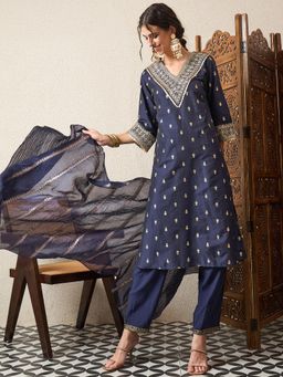 Gahan - Navy Blue Embroidered with Mukaish Work Kurta with Pant and Dupatta