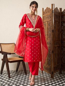 Gahan - Red Printed Kurta with Embroidered Pant and Organza Dupatta