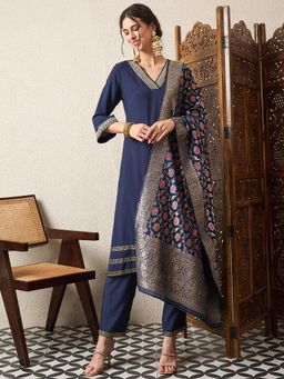 Gahan - Navy Blue Embroidered Kurta with Pant and Banarsi Dupatta