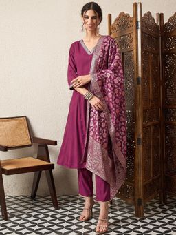 Gahan - Wine Embroidered Kurta with Pant and Banarsi Dupatta