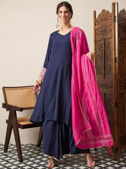 Gahan - Navy Blue Solid with Neck Kurta with Palazzo and Chanderi Dupatta