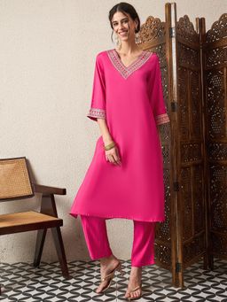 Gahan - Pink Solid with Neck Kurta with Pant