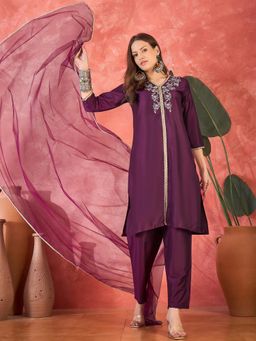 Gahan - Purple Embroidered Kurta with Pant and Net Dupatta