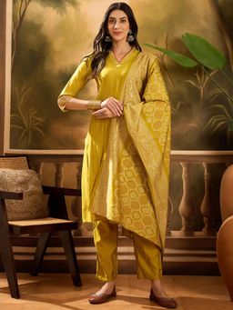 Gahan - Olive Solid Kurta with Pant and Printed Dupatta