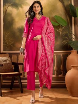 Gahan - Pink Solid Kurta with Pant and Printed Dupatta