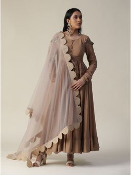 Arpita Sulakshana - Cocoa Brown Embellished Chanderi Anarkali (Set of 3)
