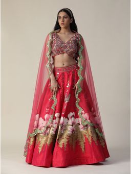 Arpita Sulakshana - Hot Red Raw Silk Hand Painted Embellished Flower Lehenga (Set of 3)
