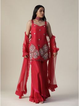 Arpita Sulakshana - Red Flower Embroidered Sharara (Set of 3)