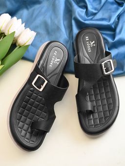 XE Looks - Perforated Buckle Accent Cushioned Comfort Platform Sandals