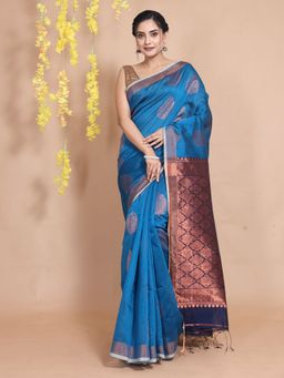 CHARUKRITI - Sapphire Blue Cotton Zari Motifs & Designs Handwoven Saree with Unstitched Blouse