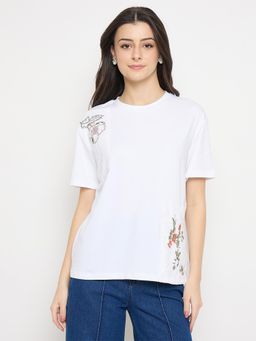 Madame - White Cotton Embellished T Shirt