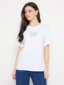 Madame - White Cotton Emebellished T Shirt