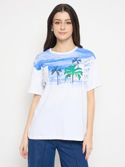 Madame - White Cotton Printed T Shirt