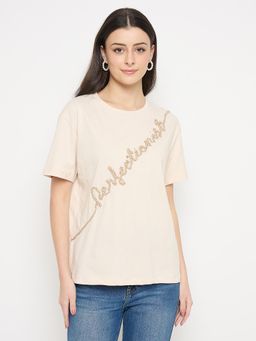 Madame - Beige Cotton Embroidered T Shirt