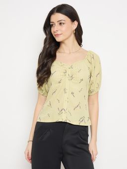 Madame - Green Ruched Top With Puff Sleeves