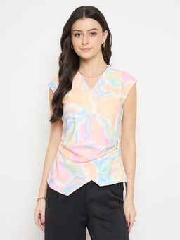 Madame - Peach Abstract Print Asymmetric Wrap Top