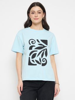 Madame - Ice Blue Printed Cotton Round Neck T Shirt
