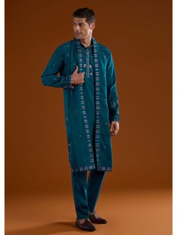KALKI FASHION - Men Blue Silk Blend Mandarin Neck Kurta with Dupatta and Pant