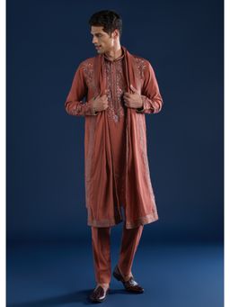 KALKI FASHION - Men Rust Silk Blend Mandarin Neck Kurta with Dupatta and Pant