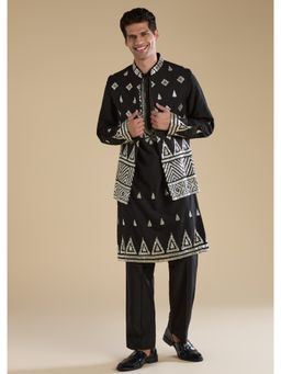 KALKI FASHION - Men Black Cotton Blend Mandarin Neck Jacket with Kurta and Pant