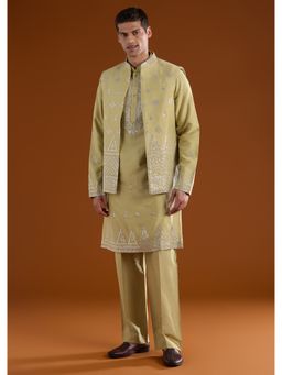 KALKI FASHION - Men Green Silk Blend Mandarin Neck Jacket with Kurta and Pant