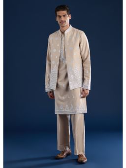 KALKI FASHION - Men Peach Silk Blend Mandarin Neck Jacket with Kurta and Pant