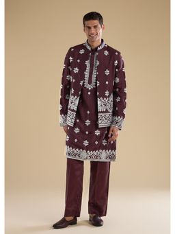 KALKI FASHION - Men Purple Silk Blend Mandarin Neck Jacket with Kurta and Pant