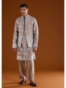 KALKI FASHION - Men Brown Silk Blend Mandarin Neck Jacket with Kurta and Pant