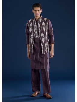 KALKI FASHION - Men Purple Silk Blend Mandarin Neck Jacket with Kurta and Pant