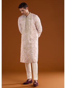 KALKI FASHION - Men Pink Silk Blend Mandarin Neck Kurta with Pant