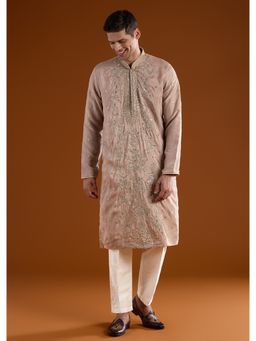KALKI FASHION - Men Beige Silk Blend Mandarin Neck Kurta with Pant