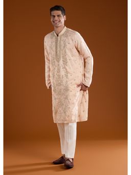 KALKI FASHION - Men Peach Silk Blend Mandarin Neck Kurta with Pant