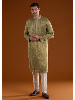 KALKI FASHION - Men Green Tissue Mandarin Neck Kurta with Pant