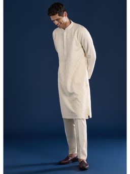 KALKI FASHION - Men Cream Silk Blend Mandarin Neck Kurta with Pant