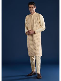 KALKI FASHION - Men Beige Silk Blend Mandarin Neck Kurta with Pant