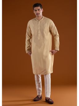 KALKI FASHION - Men Beige Silk Blend Mandarin Neck Kurta with Pant