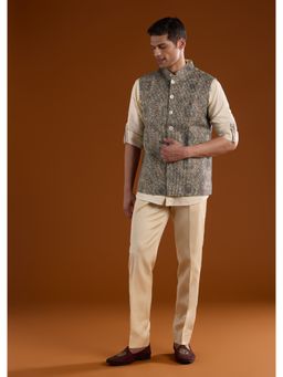 KALKI FASHION - Men Olive Silk Blend Mandarin Neck Jacket with Shirt