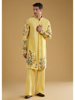 KALKI FASHION - Men Yellow Silk Blend Mandarin Neck Kurta with Pant