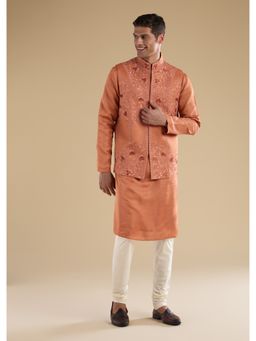 KALKI FASHION - Men Orange Silk Blend Mandarin Neck Jacket with Kurta and Pant