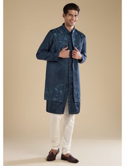 KALKI FASHION - Men Blue Polyester Mandarin Neck Jacket with Kurta and Pant