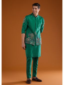 KALKI FASHION - Men Green Silk Blend Mandarin Neck Jacket with Kurta and Pant