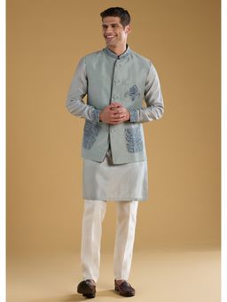 KALKI FASHION - Men Grey Silk Blend Mandarin Neck Jacket with Kurta and Pant