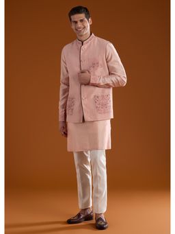 KALKI FASHION - Men Pink Silk Blend Mandarin Neck Jacket with Kurta and Pant