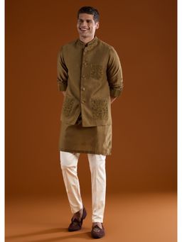 KALKI FASHION - Men Brown Silk Blend Mandarin Neck Jacket with Kurta and Pant