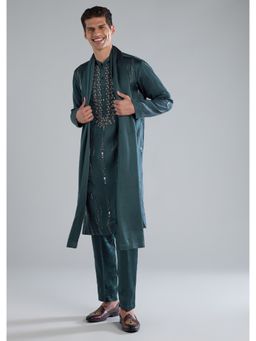 KALKI FASHION - Men Green Linen Mandarin Neck Kurta with Dupatta and Pant