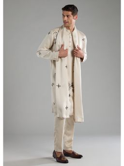 KALKI FASHION - Men Off White Silk Blend Mandarin Neck Kurta with Dupatta and Pant
