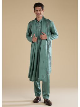 KALKI FASHION - Men Green Linen Mandarin Neck Kurta with Dupatta and Pant